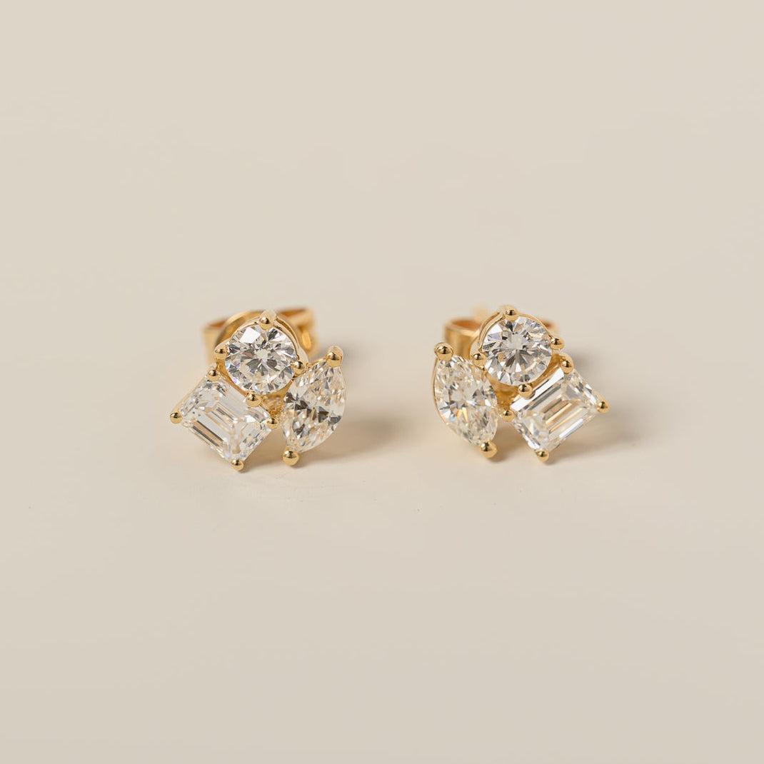 14k yellow gold multi diamond shape cluster stud earrings round emerald marquise cut diamonds