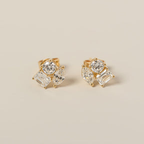 14k yellow gold multi diamond shape cluster stud earrings round emerald marquise cut diamonds