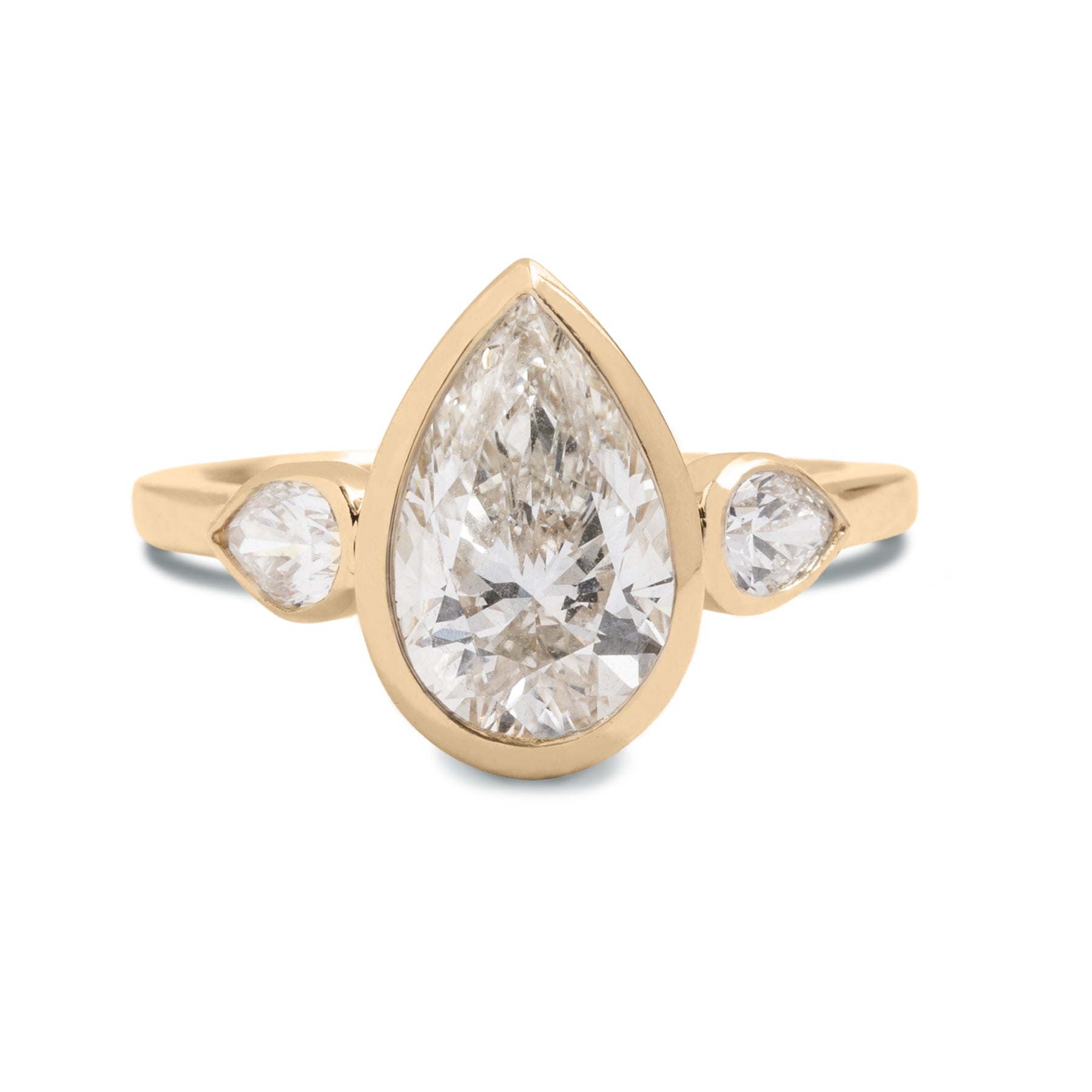 pear shape lab grown diamond bezel set pear shape side stones diamond pave band 14k gold engagement ring