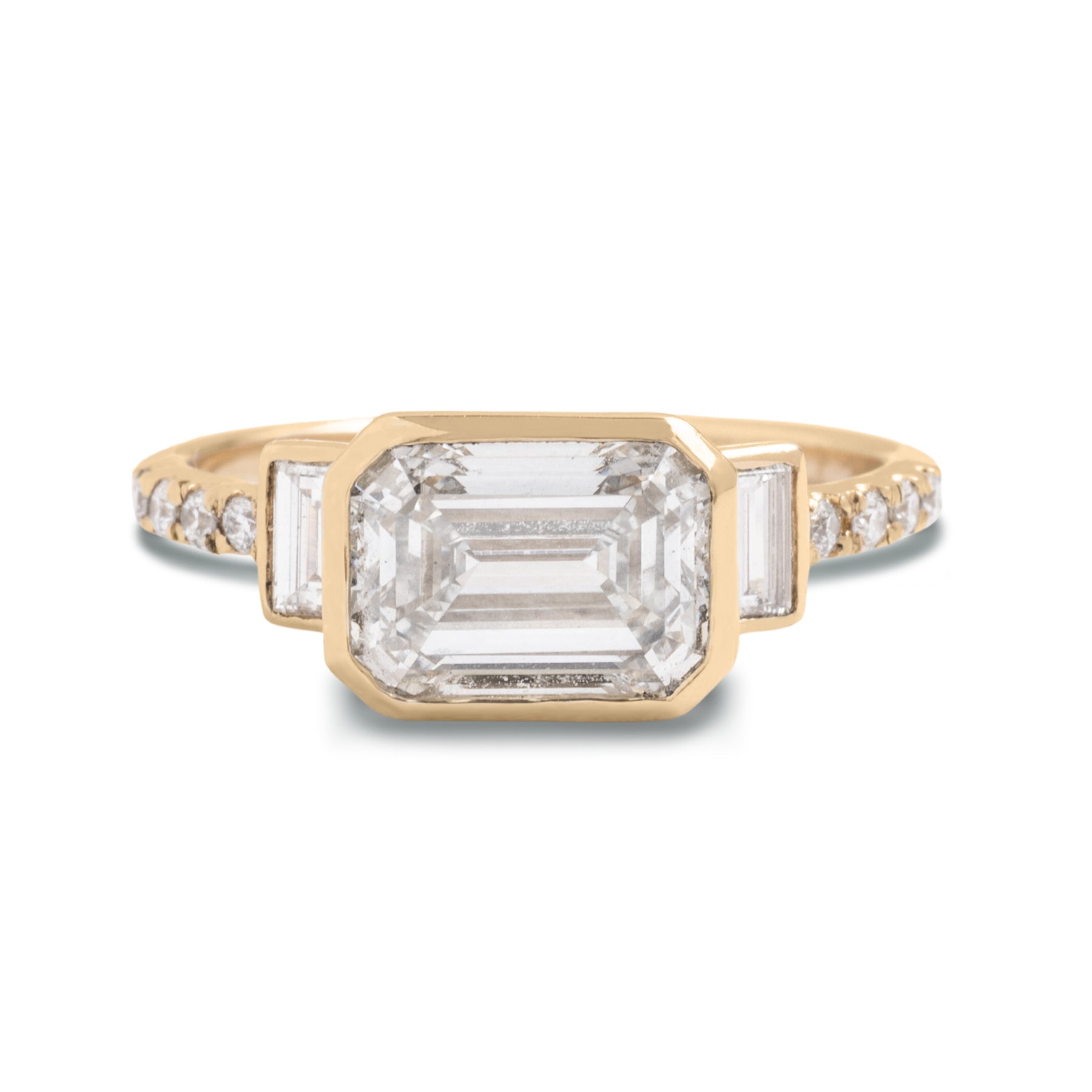 emerald cut lab grown diamond east west bezel set baguette side stones diamond pave band 14k gold engagement ring