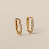 14k gold diamond pave elongated oval small hoop earrings