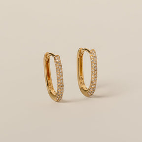 14k gold diamond pave elongated oval small hoop earrings
