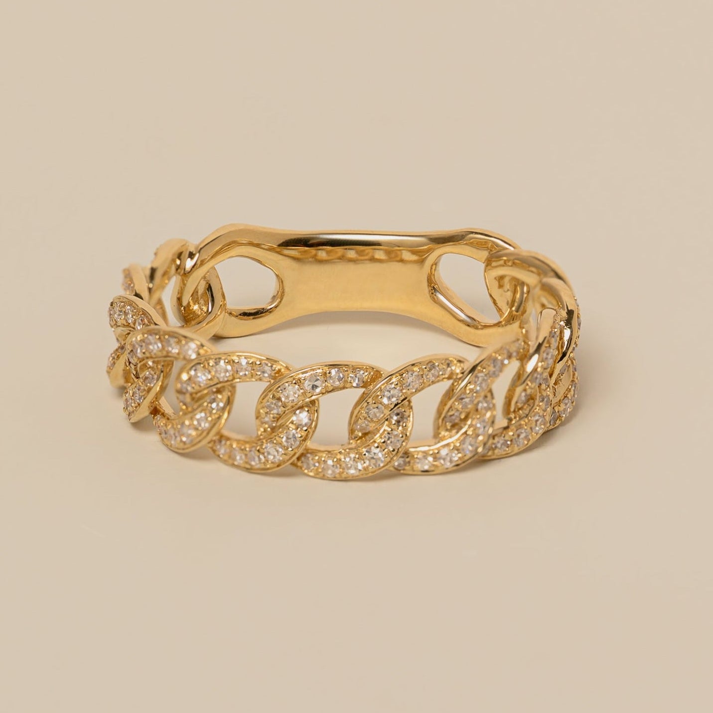 14k gold diamond pave curb chain ring