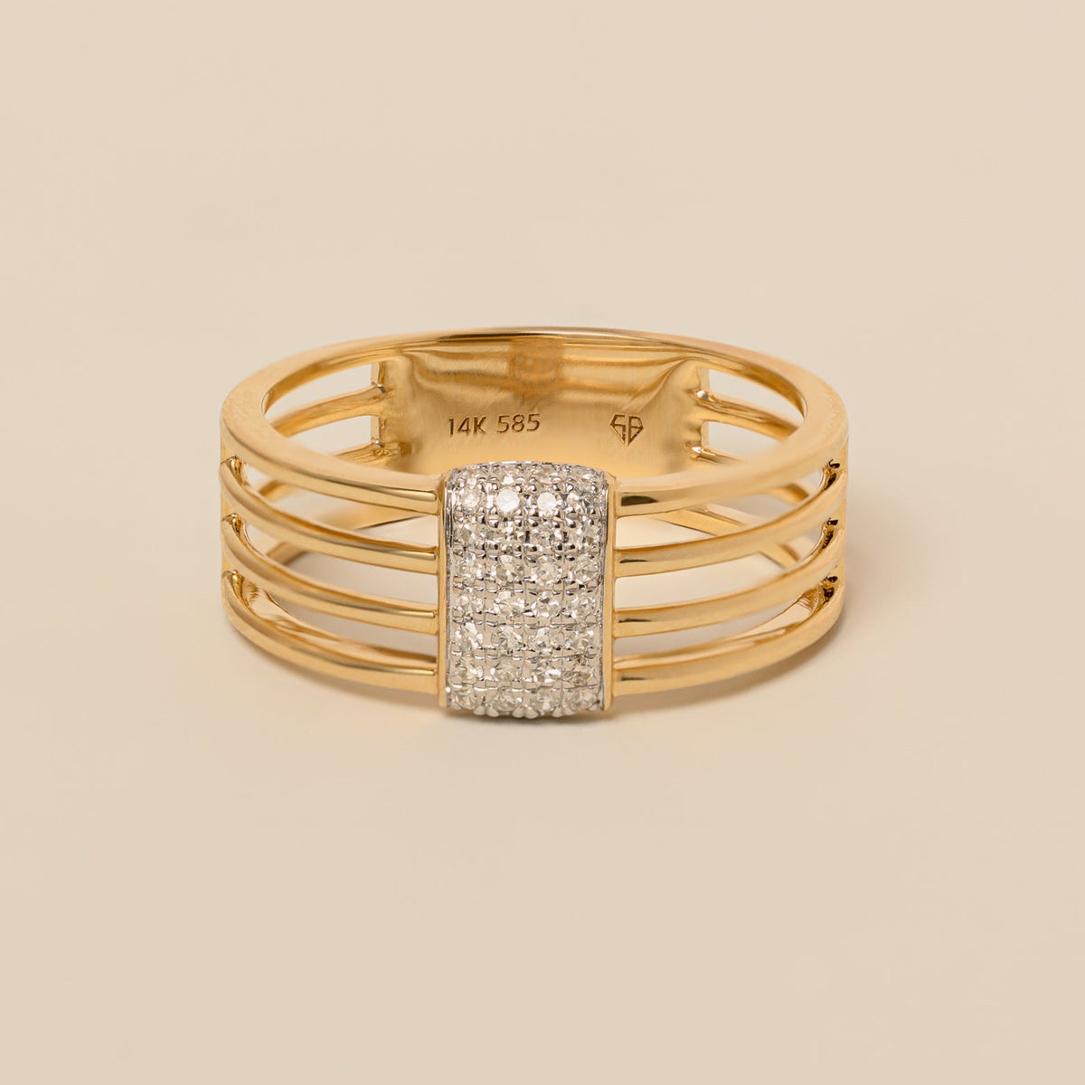 14k yellow gold diamond pave rectangle cluster open space chunky ring