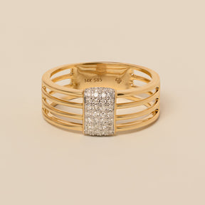 14k yellow gold diamond pave rectangle cluster open space chunky ring
