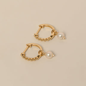 14k yellow gold beaded huggie hoops with pearl dangle earrings