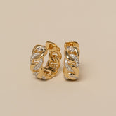 14k yellow gold diamond pave alternating chunky curb chain huggie hoop earrings