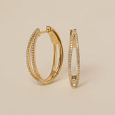 14k gold diamond pave split elongated hoop earrings