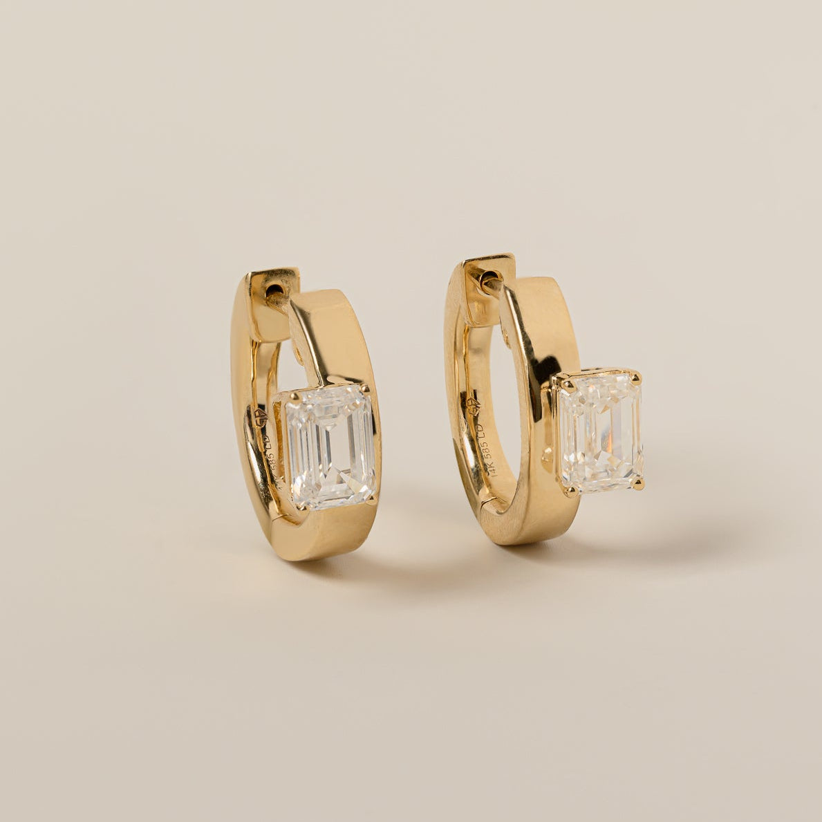 14k yellow gold emerald cut lab diamond offset chunky huggie hoop earrings