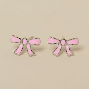 sterling silver pink enamel bow youth size stud earrings