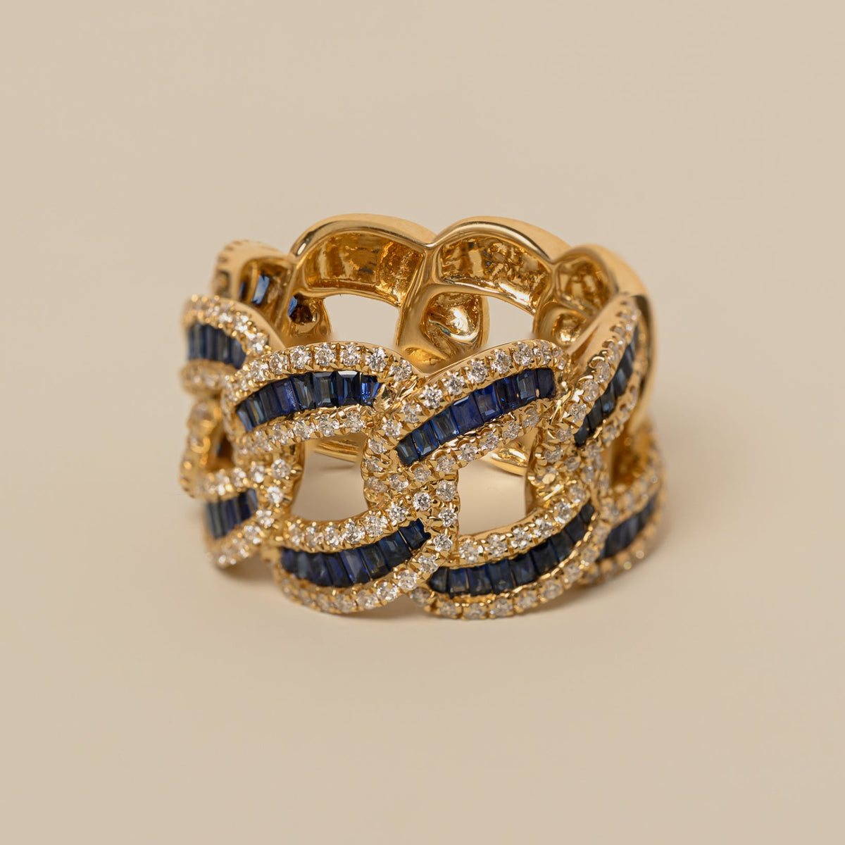 14k yellow gold chunky baguette sapphire diamond pave curb chain ring