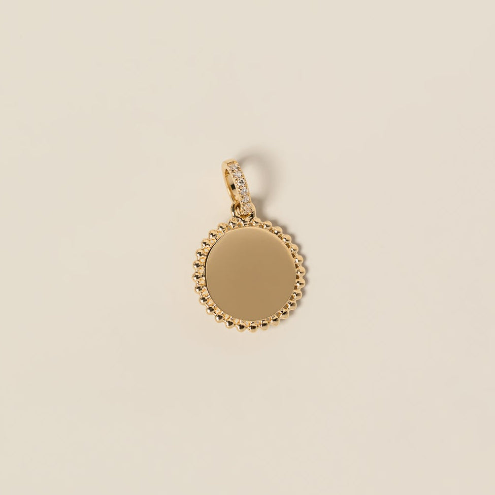 14k yellow gold blank disc milgrain halo detailing diamond pave bail charm pendant
