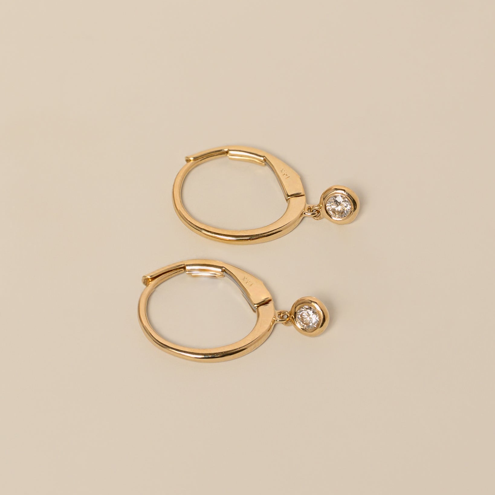 14k gold diamond bezel dangle leverback hoop earrings