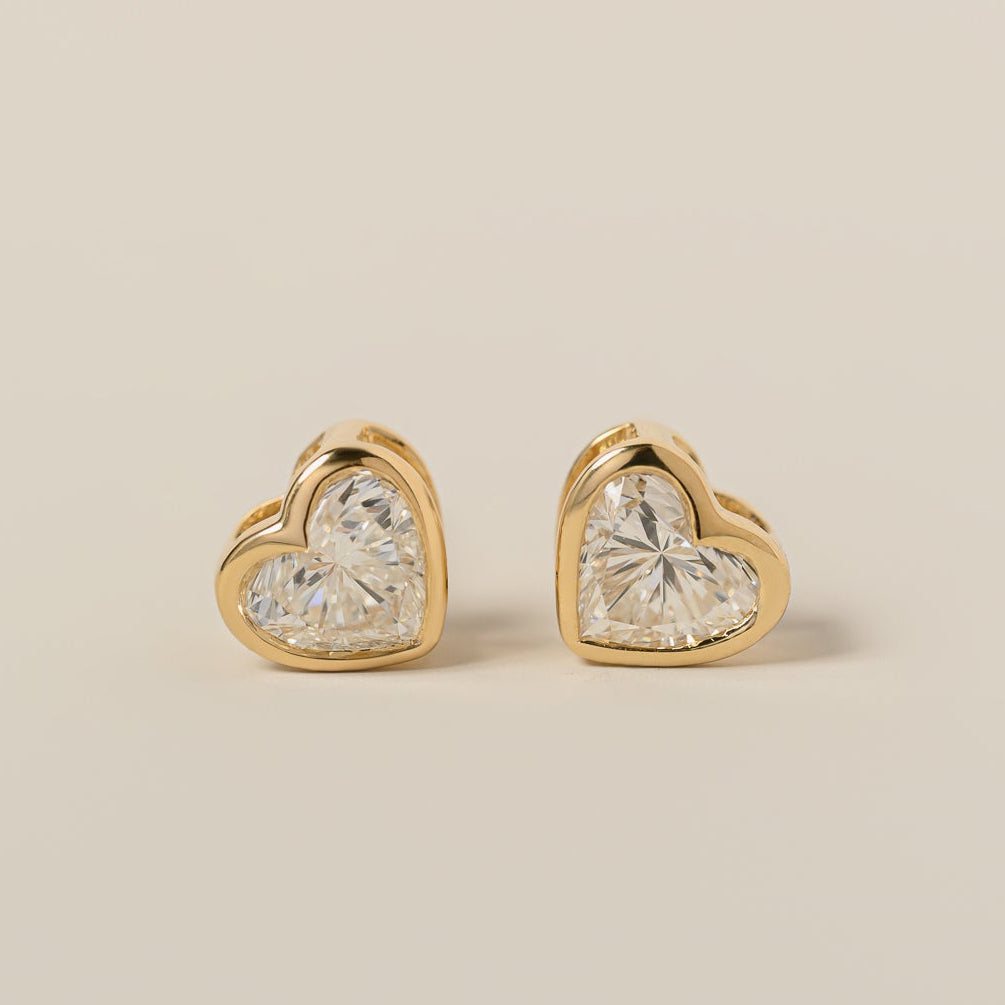 14k yellow gold bezel set heart shape lab diamond stud earrings