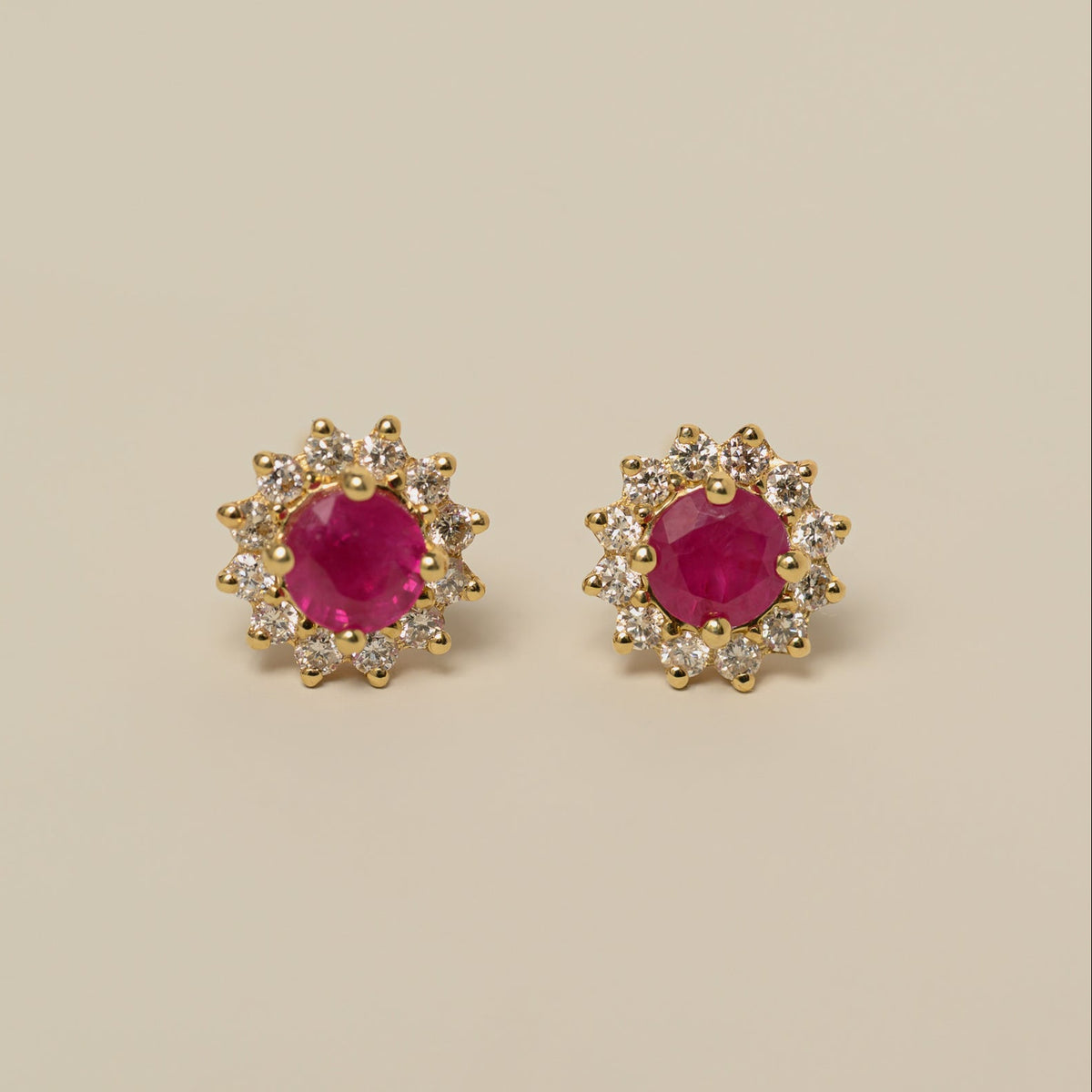 14k yellow gold round ruby diamond halo stud earrings