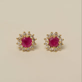 14k yellow gold round ruby diamond halo stud earrings