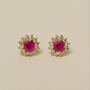 14k yellow gold round ruby diamond halo stud earrings