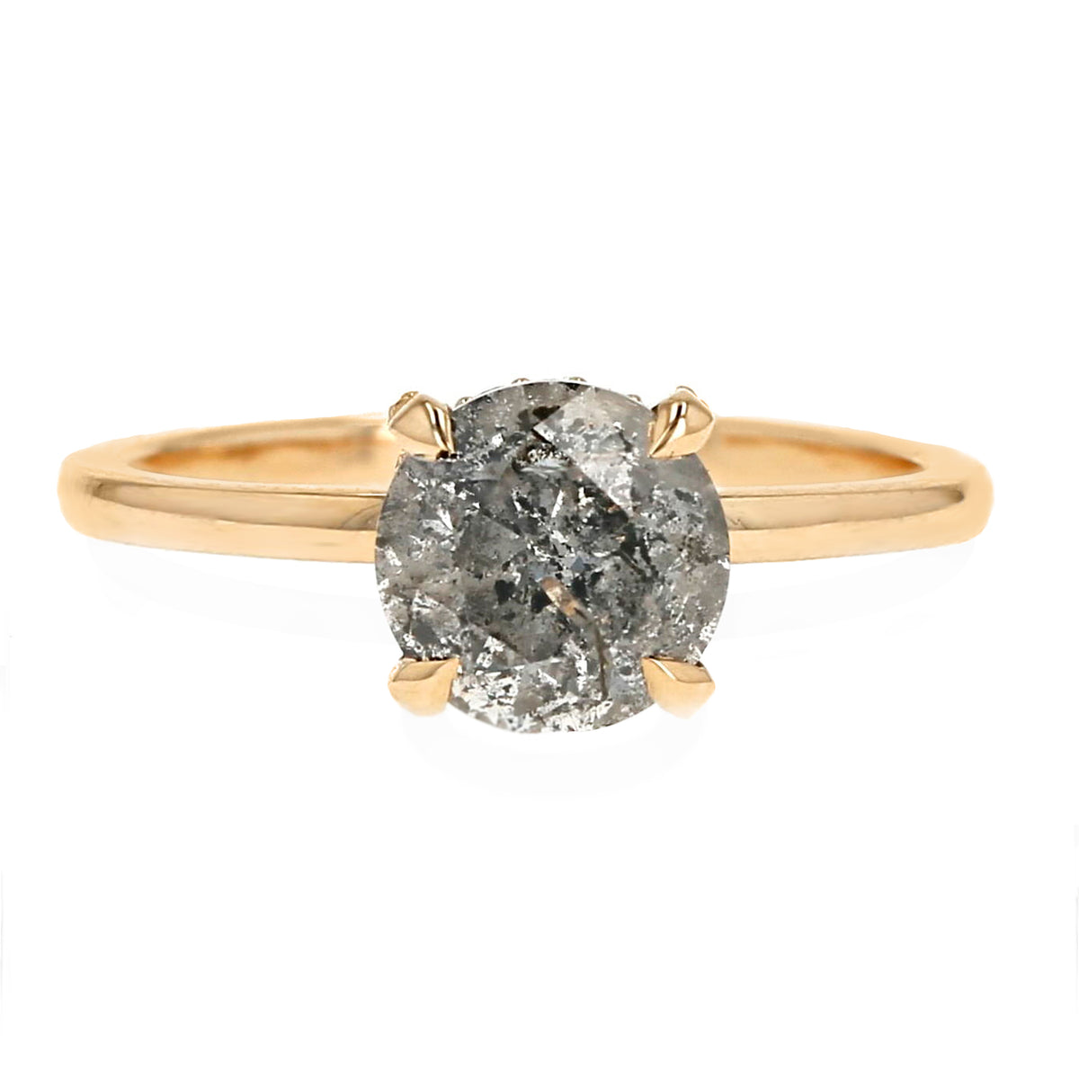 2.02ct round cut salt and pepper gray diamond solitaire engagement ring with hidden diamond halo 14k yellow gold
