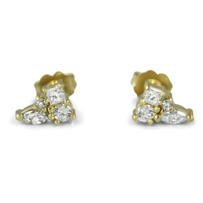 14k yellow gold everyday diamond cluster stud earrings with a round brilliant cut, princess cu and marquise diamond