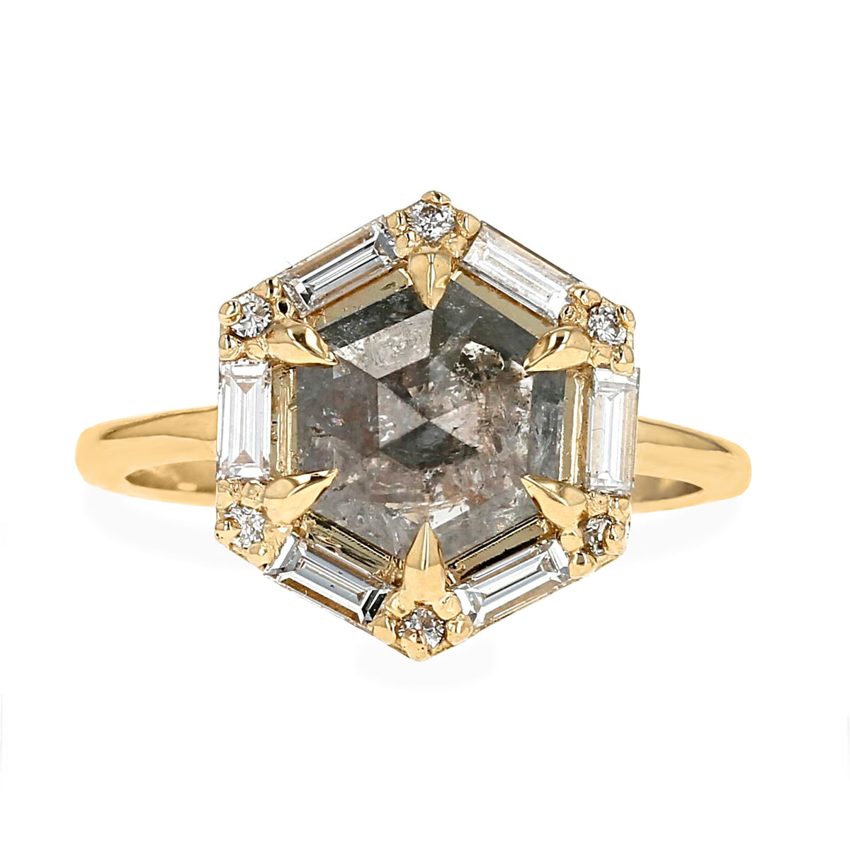 1.82ct hexagon shape salt and pepper gray diamond alternative engagement ring  six prongs with baguette and round diamond hex halo 14k yellow gold
