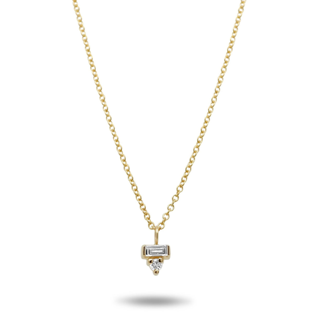 14k yellow gold baguette and round diamond dainty necklace 16in long chain under 1000