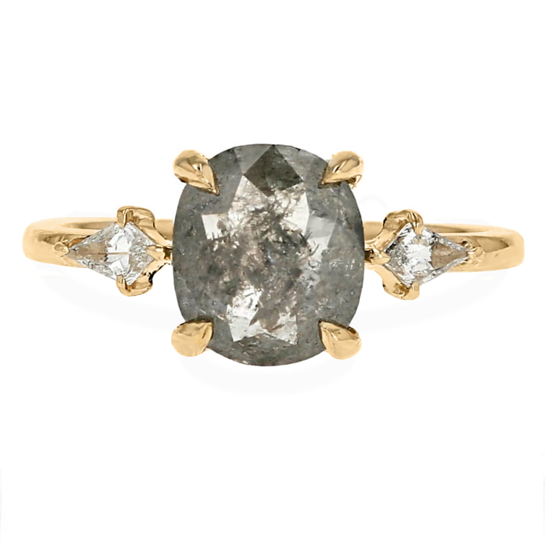 1.99ct rose cut cushion cut gray diamond engagement ring four prongs with kite shape diamond side stones 14k yellow gold