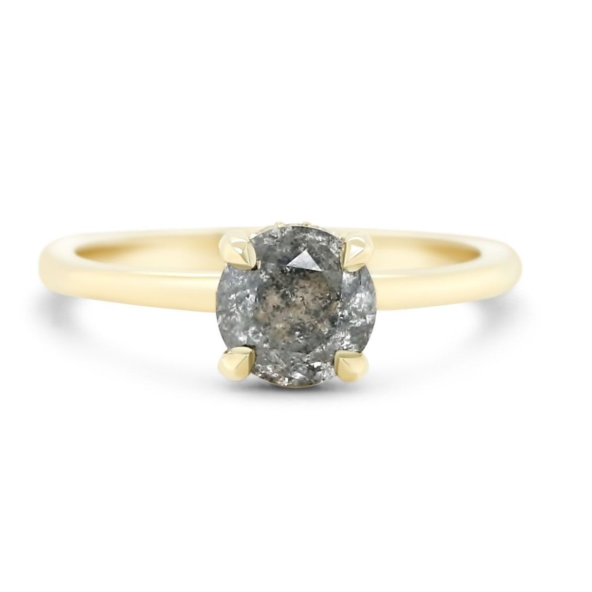 14k yellow gold round gray diamond engagement ring with hidden diamonds on the rail