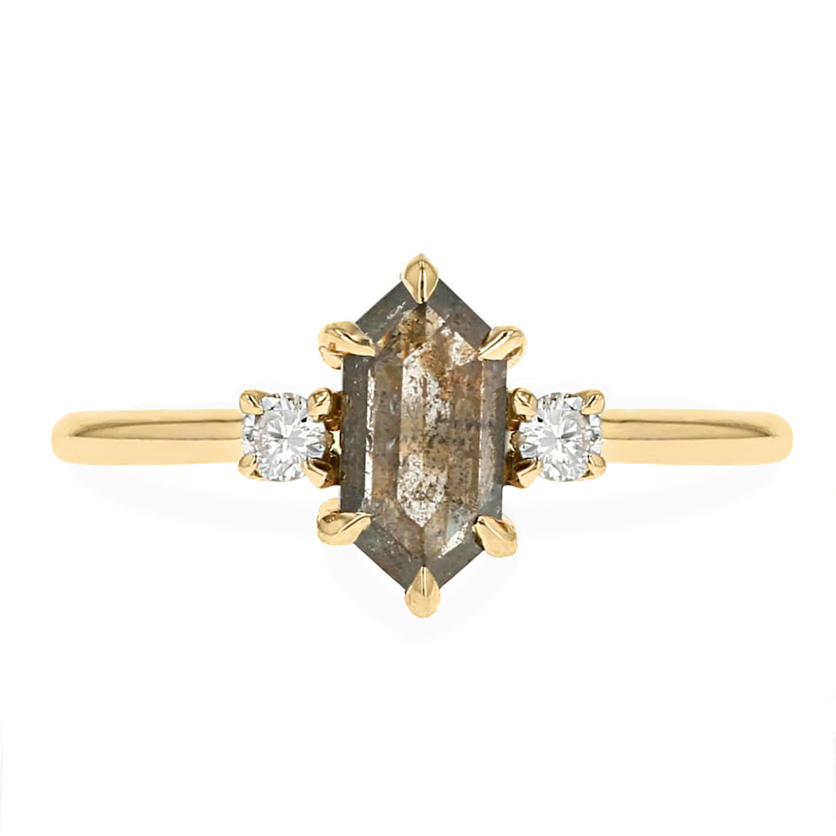 0.90ct elongated hexagon shape gray diamond engagement ring six prongs with round cut diamond side stones 14k yellow gold