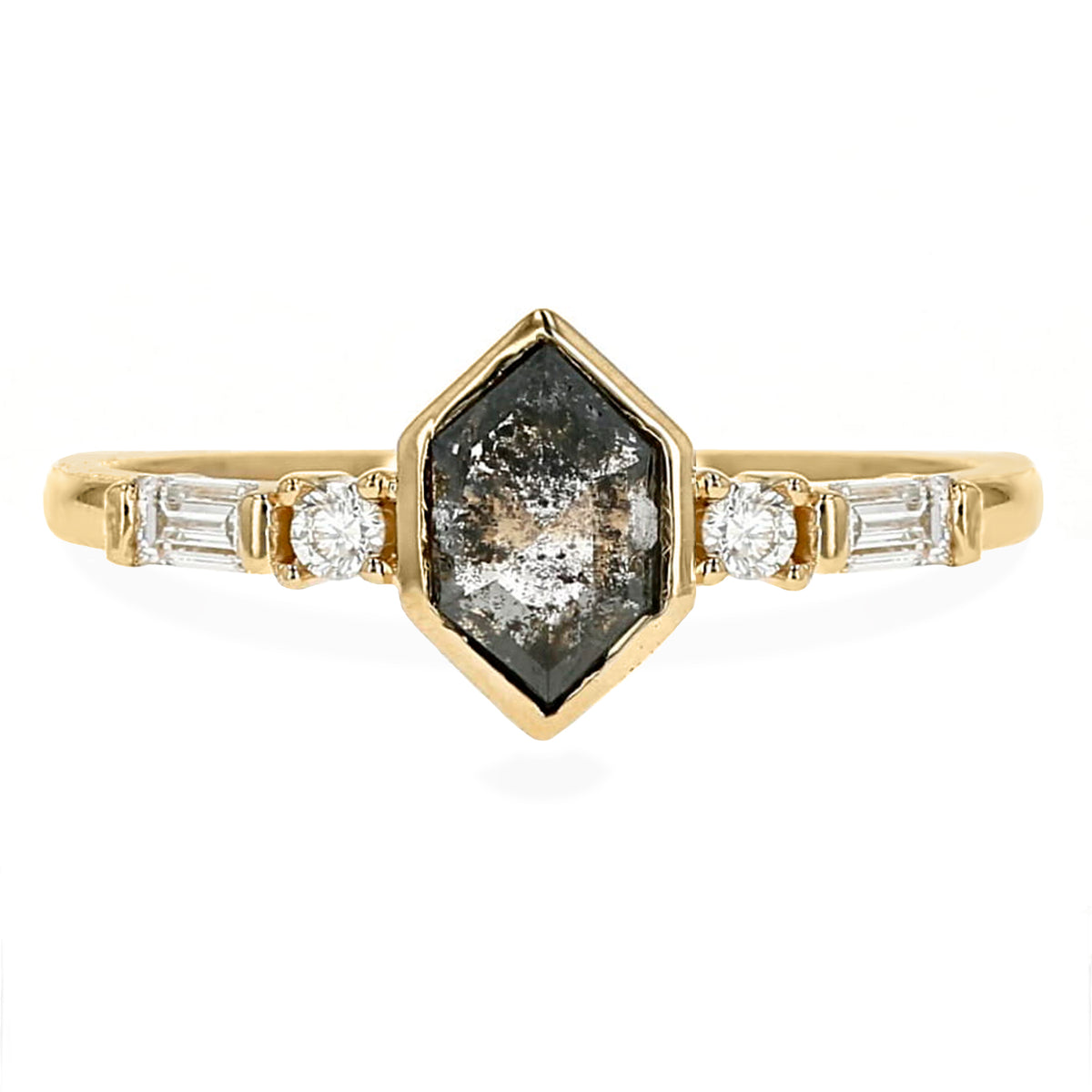 0.78ct hexagon shape gray diamond bezel set engagement ring with baguette and round accent stones 14k yellow gold