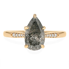 2.80ct pear shape salt and pepper gray diamond engagement ring five prongs with tapered diamond pave band 14k yellow gold