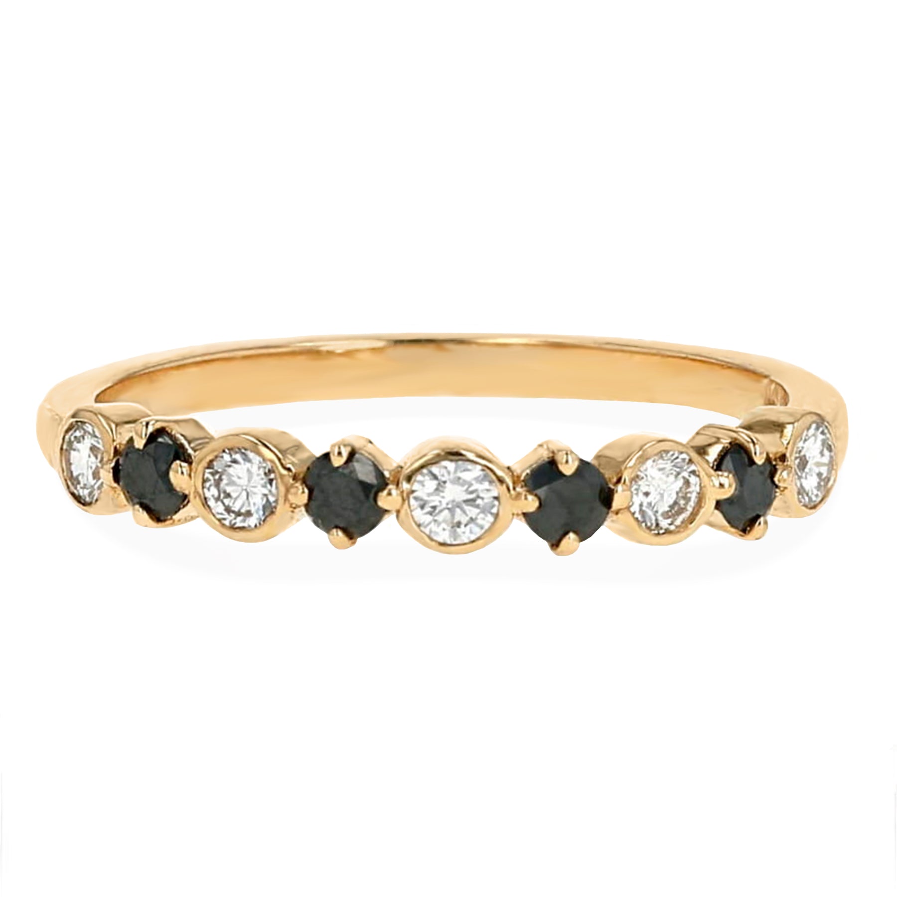 14k gold round cut black diamond bezel set white diamond alternating wedding ring