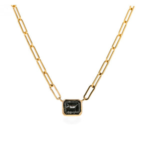 1.10ct emerald cut gray diamond bezel set pendant 16" paperclip chain necklace 14k yellow gold