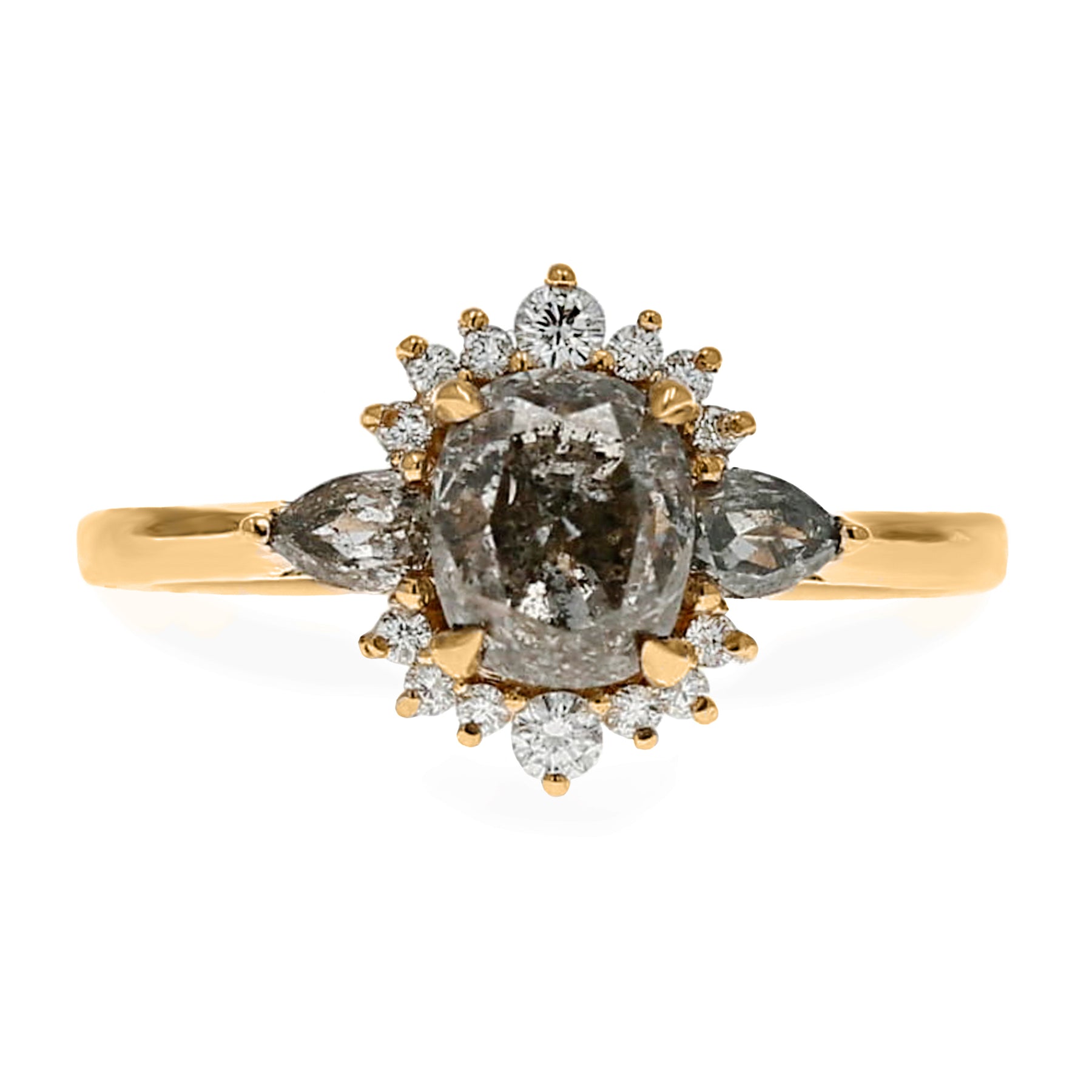 1.60ct cushion cut gray diamond engagement ring with gray diamond pear side stones and round cut graduated diamond halo 14k yellow gold 