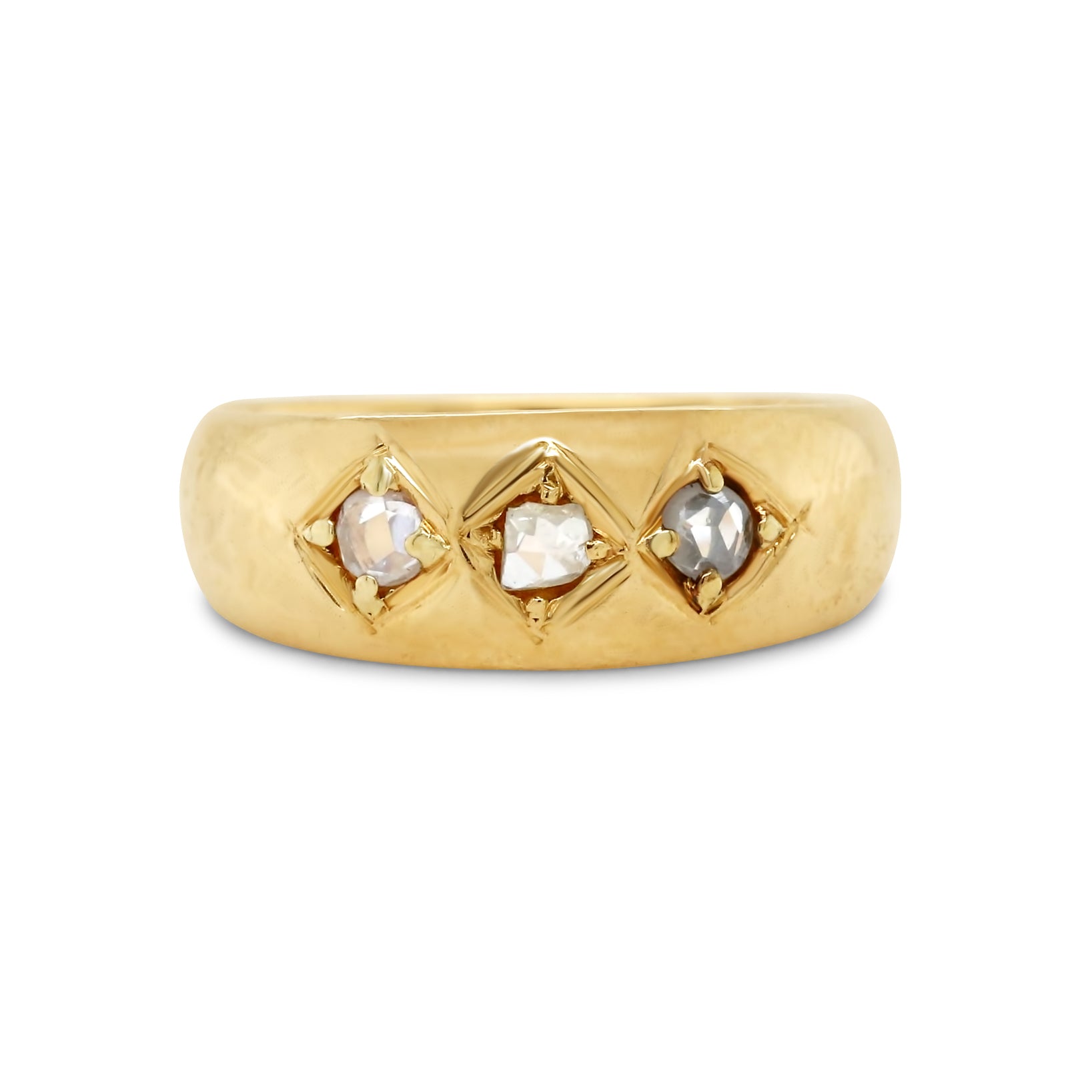 18k yellow gold three rose cut diamonds chunky estate band ring