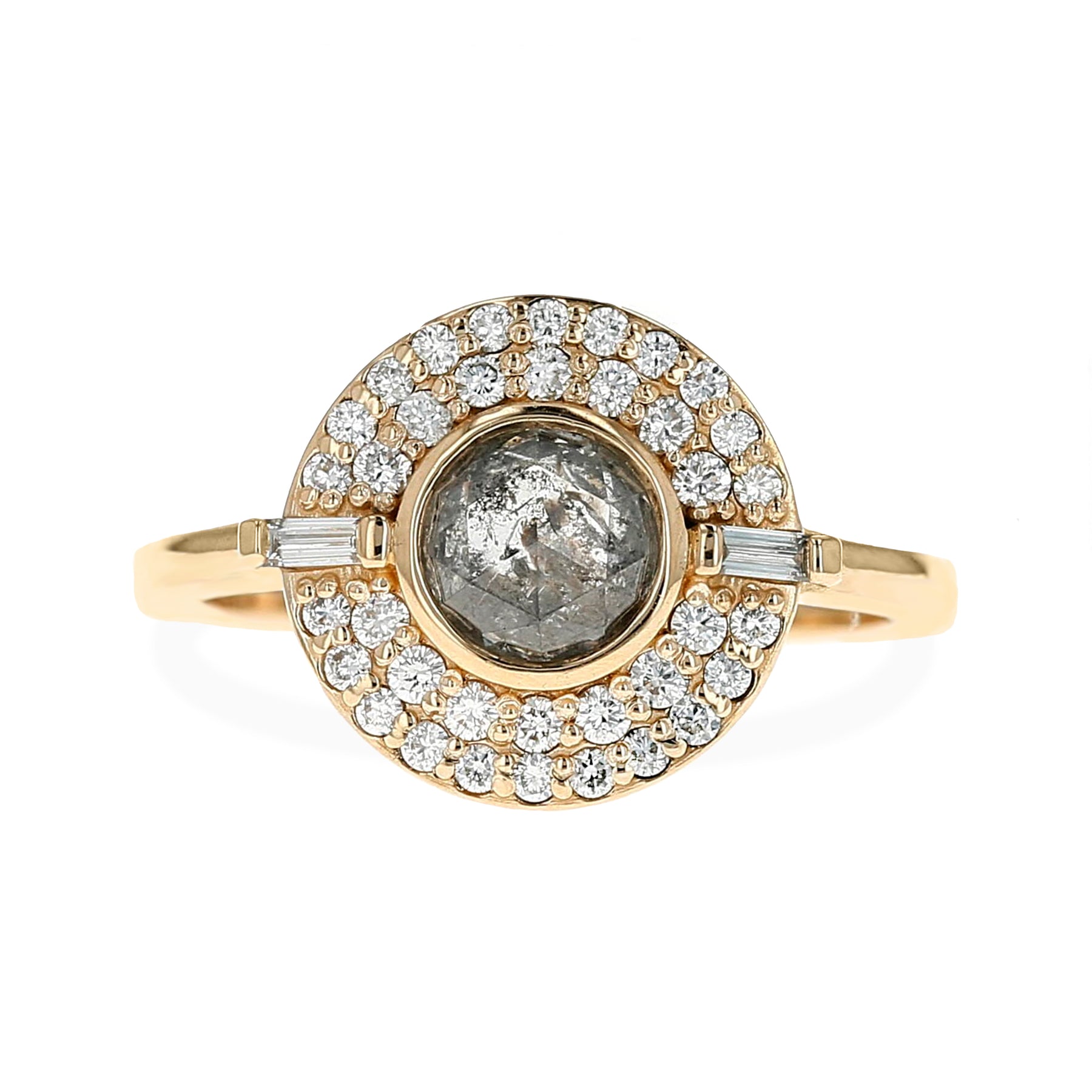 0.74ct round rose cut gray diamond bezel set with double round diamond halo and baguette accent stones alternative engagement ring statement ring 14k yellow gold