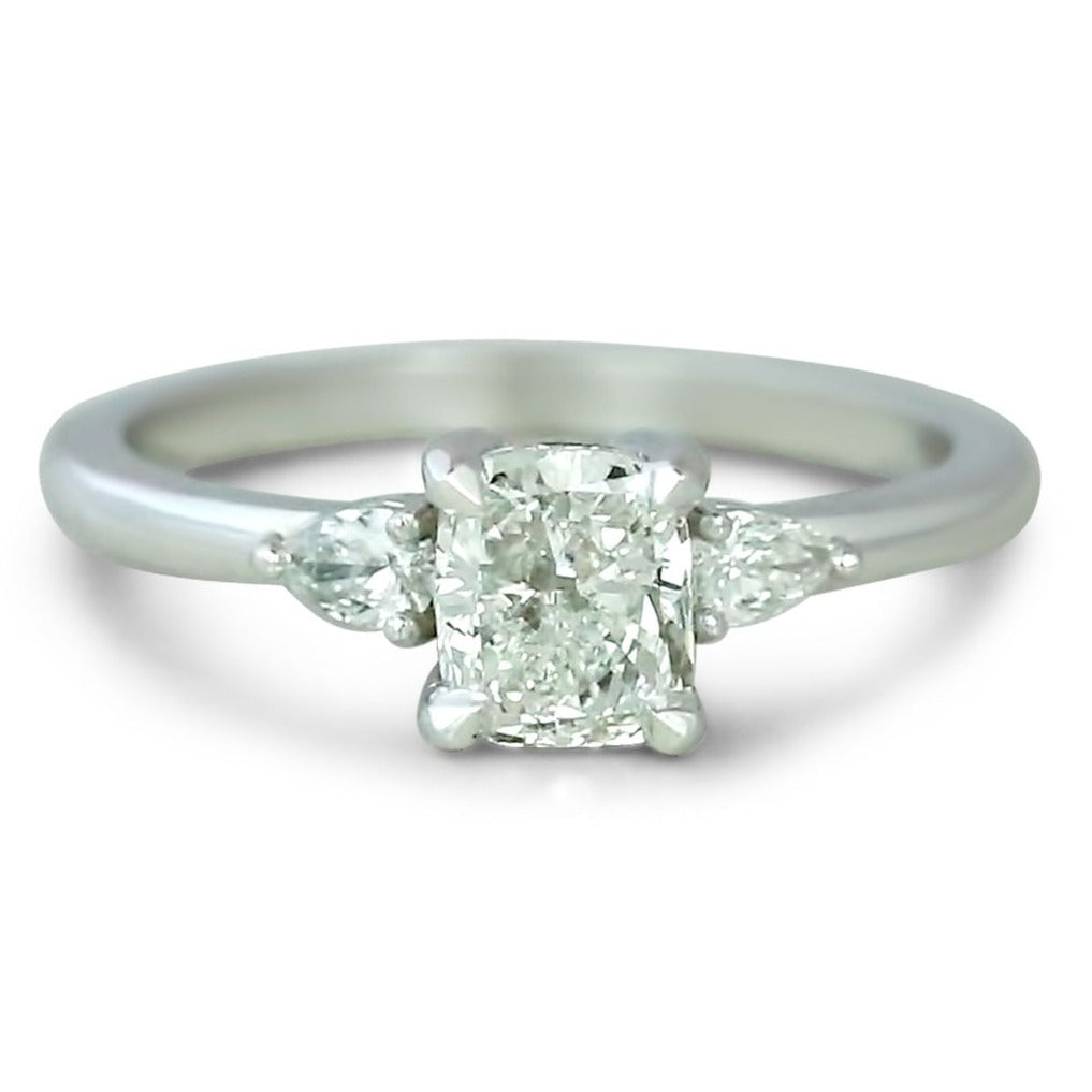 14k white gold three stone cushion cut diamond engagement ring with pear shaped side stones