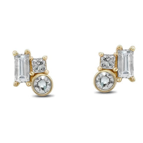 14k yellow gold baguette and round diamond cluster stud earrings