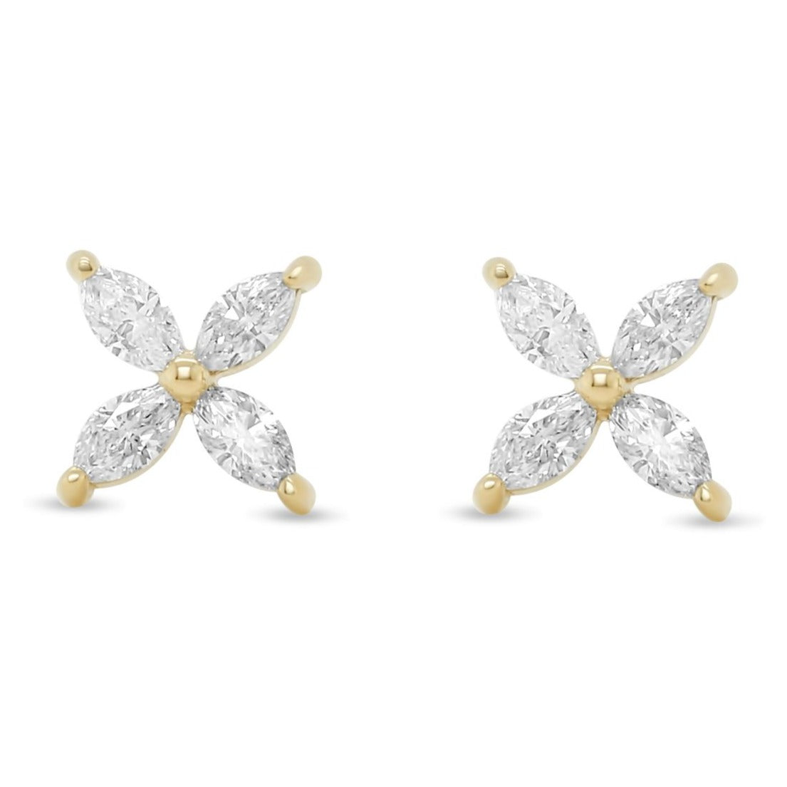 14k yellow gold marquise diamond stud flower earrings prong set