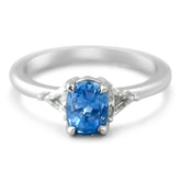 14k white gold three stone light blue sapphire oval ring with triangular side stones