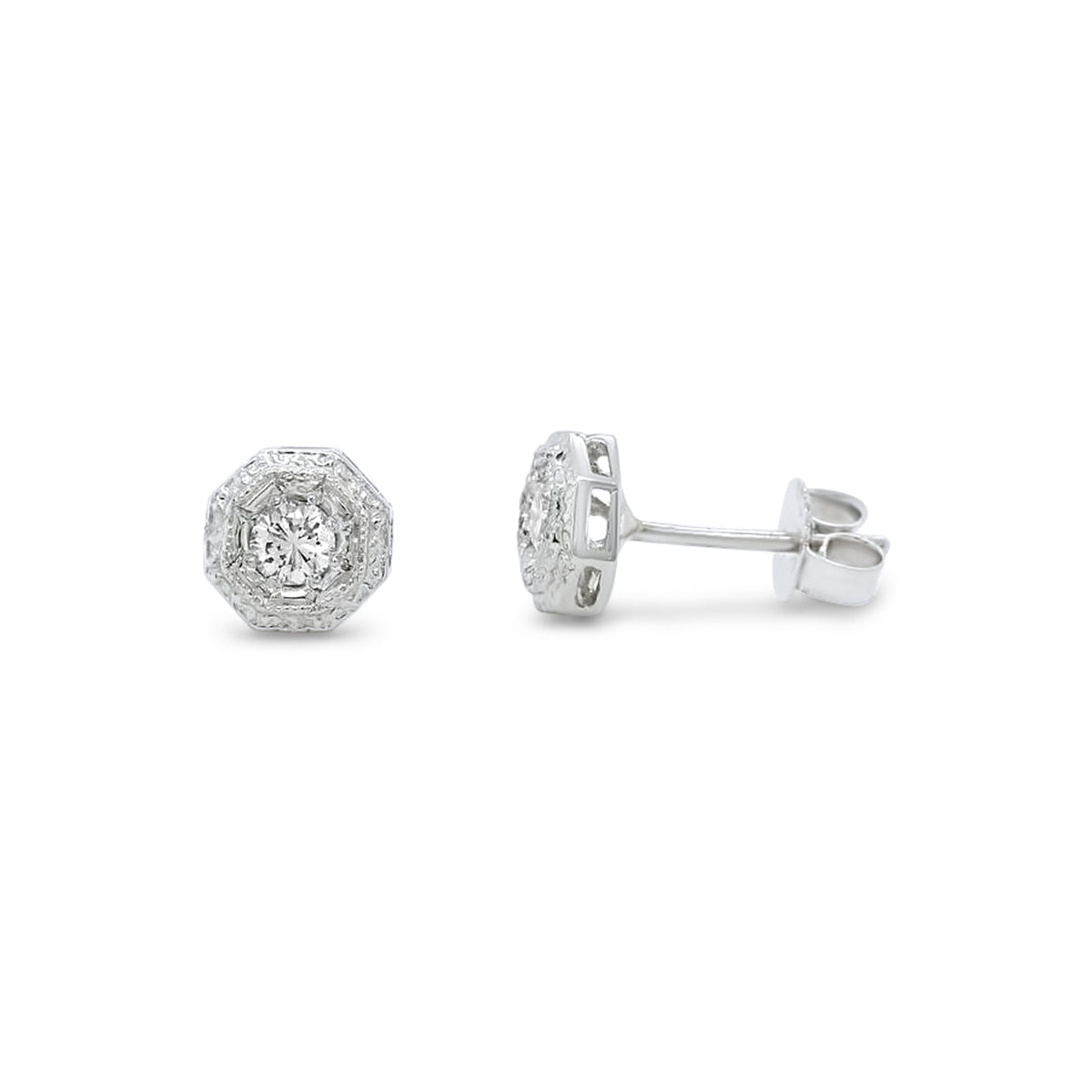 platinum diamond octagon engraved stud estate earrings