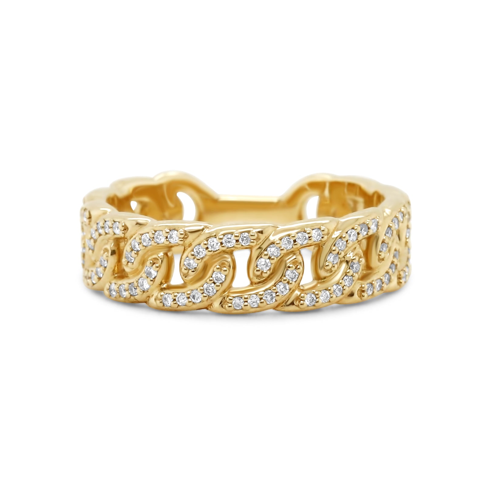 14k yellow gold diamond pave curb chain ring band gender neutral