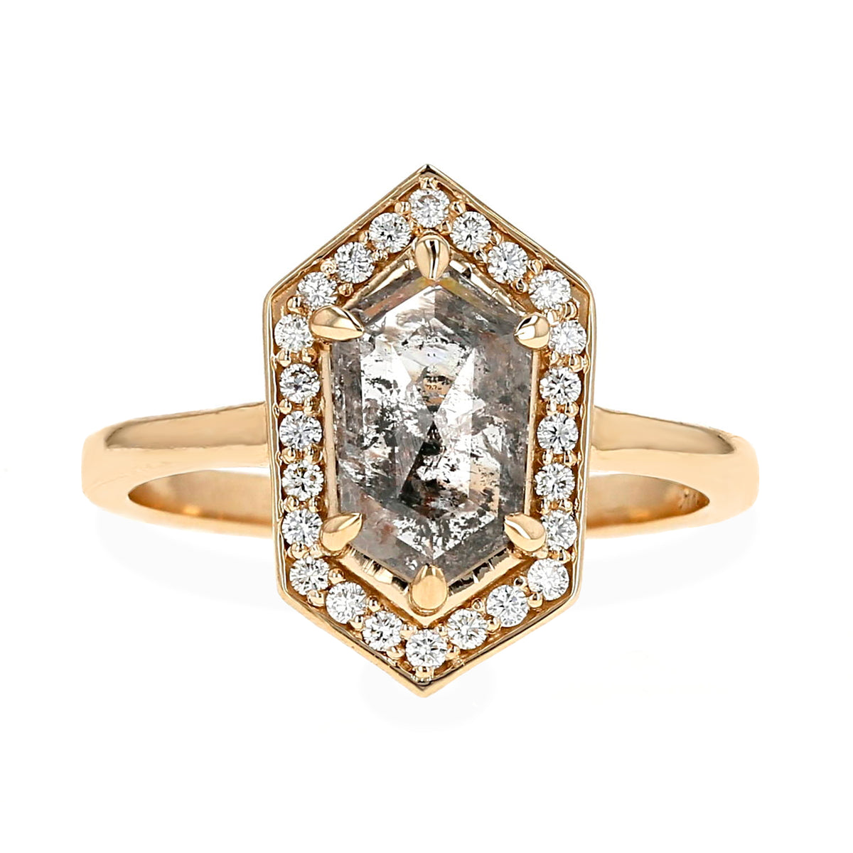 1.42ct elongated hexagon shape salt and pepper gray diamond alternative engagement ring six prongs with round cut diamond halo 14k yellow gold