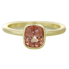 14k yellow gold bezel set red cushion cut spinel ring with milgrain and pretty side view details