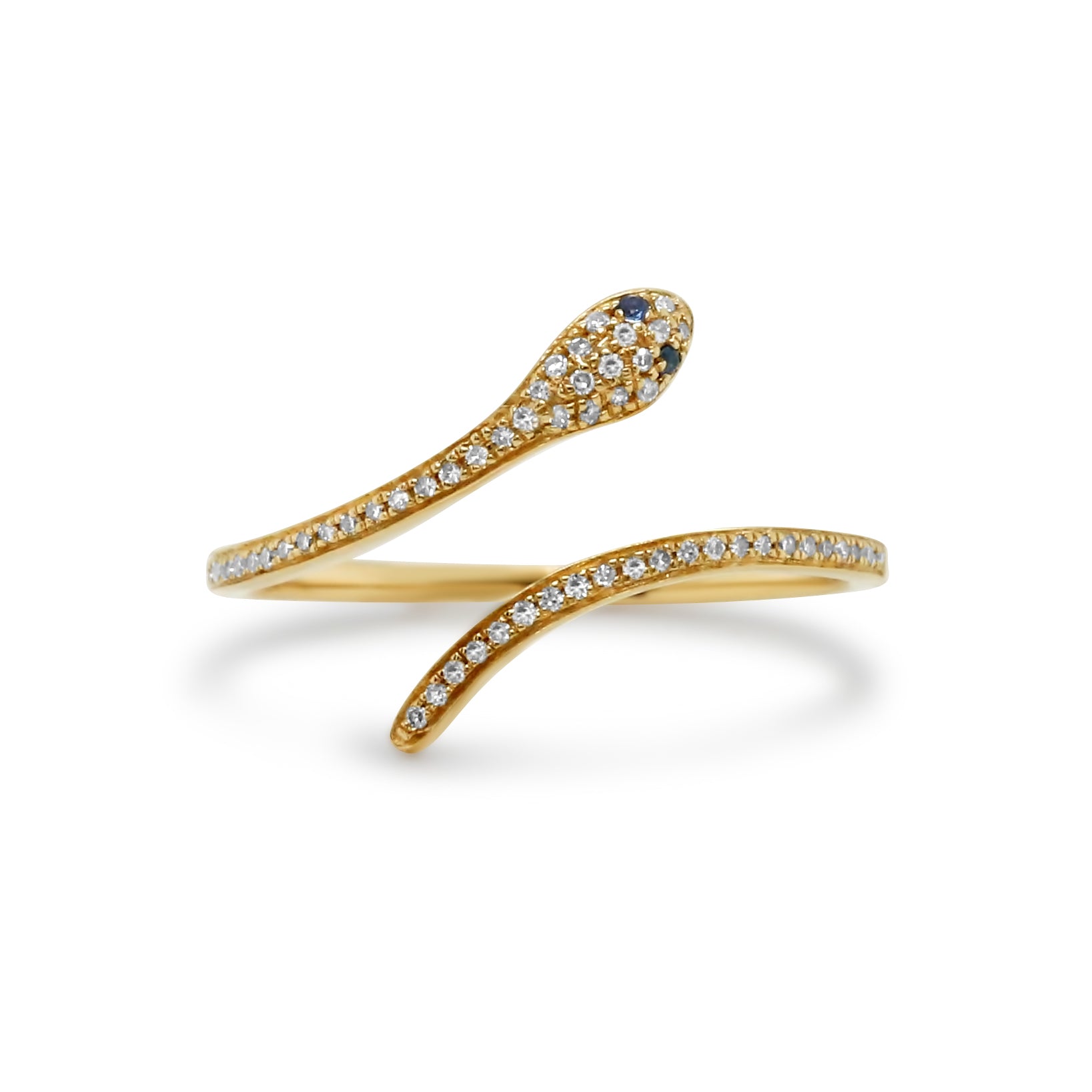 14k yellow gold diamond pave open snake ring with sapphire eyes