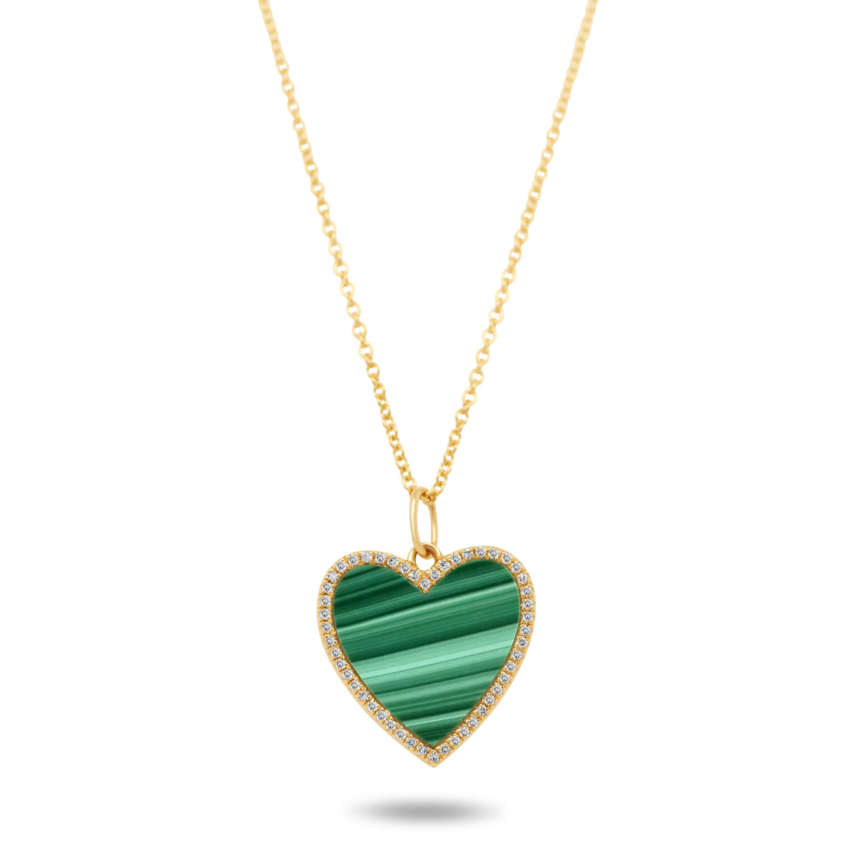14k yellow gold heart shaped green malachite gemstone diamond pave halo pendant necklace