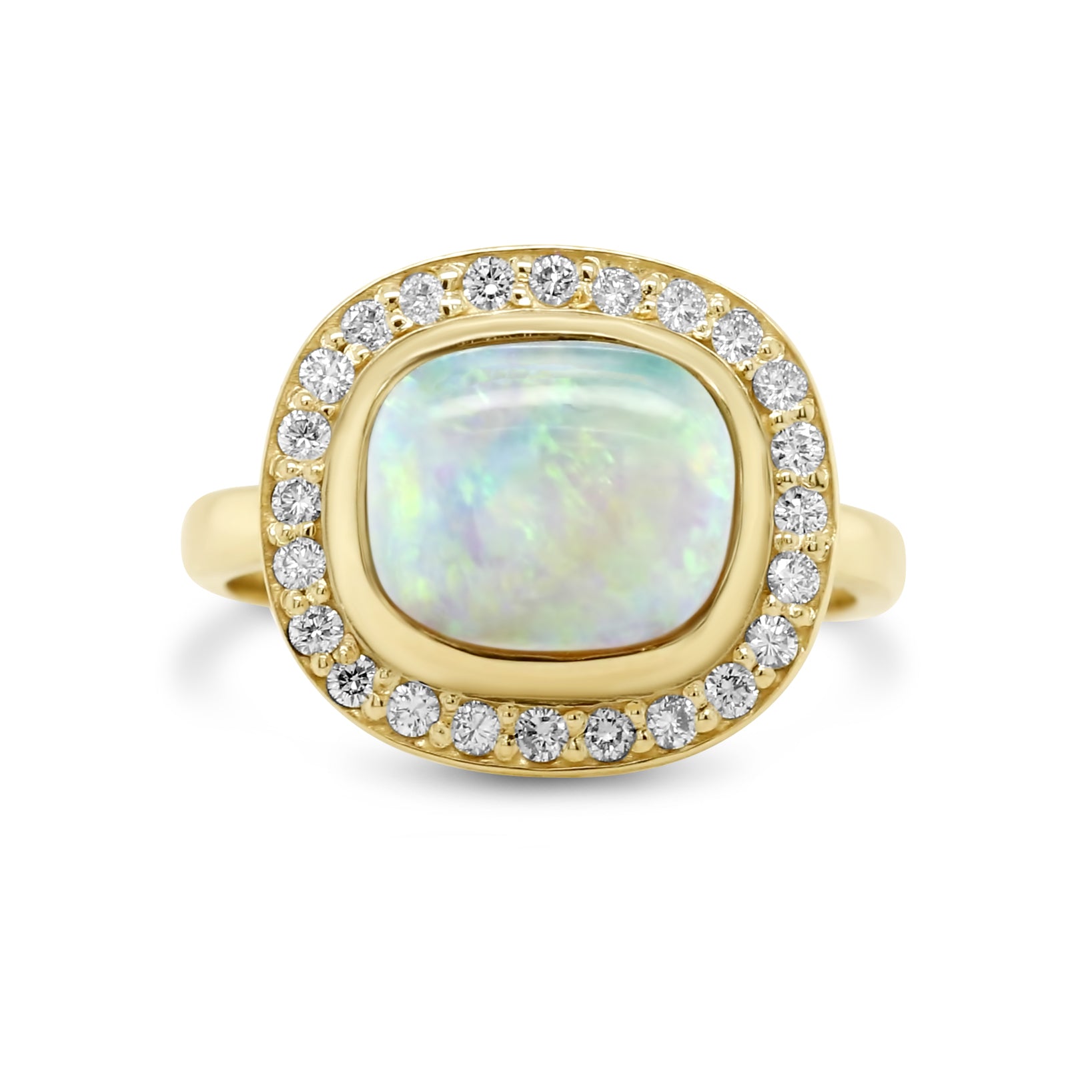 14k yellow gold cushion cut east west bezel set australian opal diamond halo ring