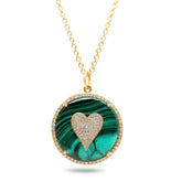 14k yellow gold chunky round green malachite gemstone diamond pave heart halo pendant necklace