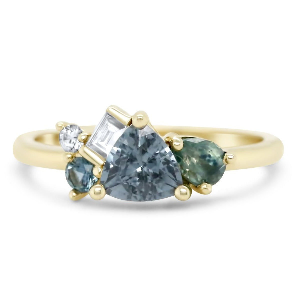 Tanzanian spinel trillion gemstone 14k yellow gold ring with Montana sapphire and diamond cluster