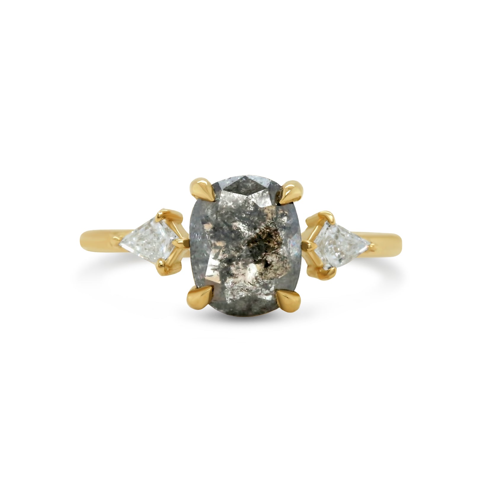 14k yellow gold three stone ring cushion rose cut gray diamond center stone with kite shape diamond side stones