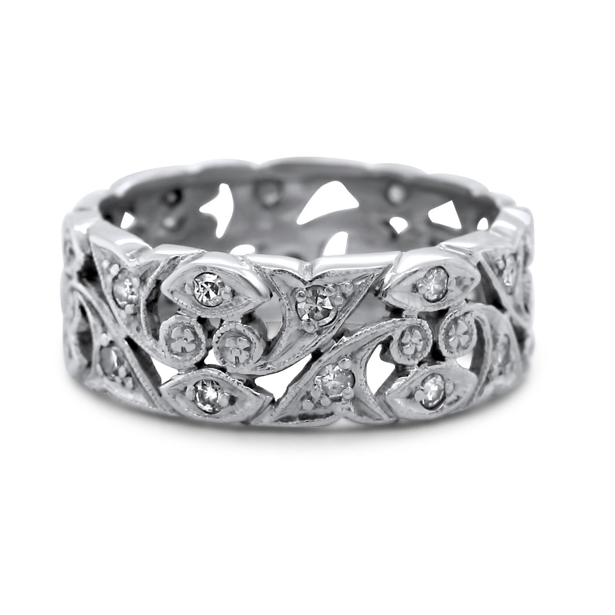 Platinum chunky estate band with rose cut diamonds and an engraved flower pattern